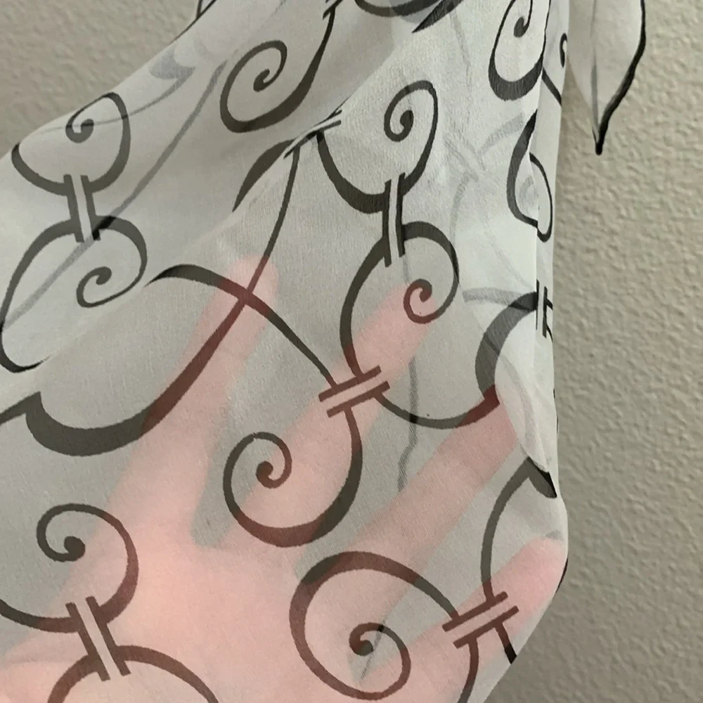 Vintage Sally Gee Silk Handrolled White and Black Swirls Scarf Sheer Summer